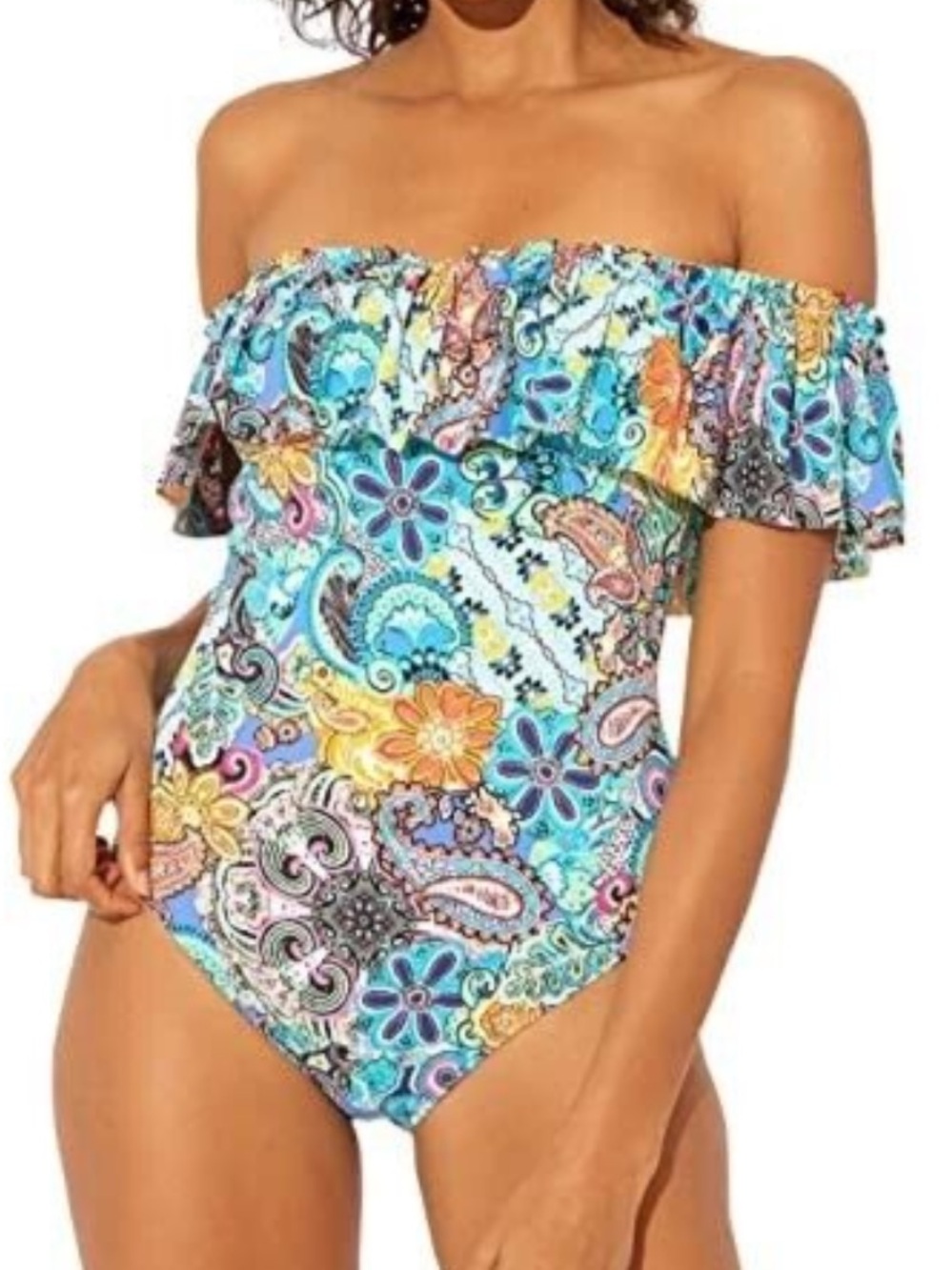 Bleu Rod Beattie Let Loose Off The Shoulder Paisley Ruffle One Piece Swimsuit 12